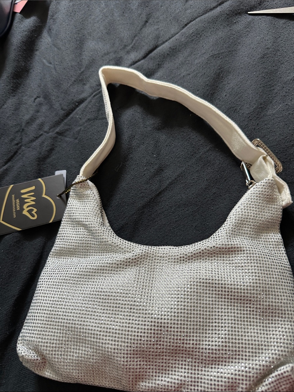 Silver Mesh Shoulder Bag with Cream Strap -